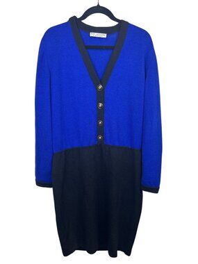 Vtg 80s St. John by Marie Gray Sweater Dress Cardigan Women's XL Blue Black